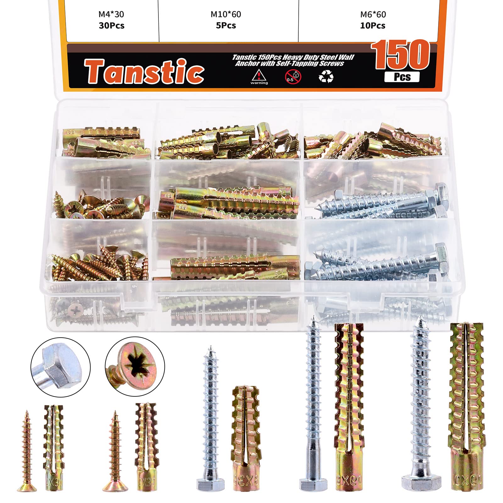 Tanstic 150Pcs Steel Wall Anchor Kit with Screws - M5 M6 M8 M10 Self-Drilling Drywall Anchors & Screws Assortment - Heavy Duty Wall Mounting Hardware for Drywall, Concrete & Wood - Perfect for Hanging Shelves, TVs, Mirrors & Home Decor
