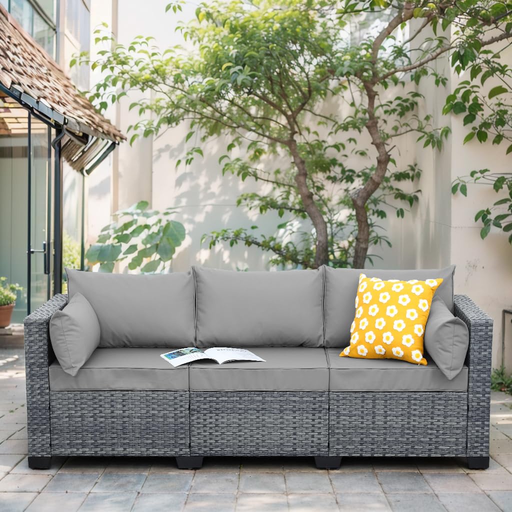 All-Weather PE Rattan Wicker Patio Couch - 3-Seat Outdoor Sofa Set with Gray Cushions, Deep Seating Deck Furniture for Garden, Backyard & Poolside Relaxation