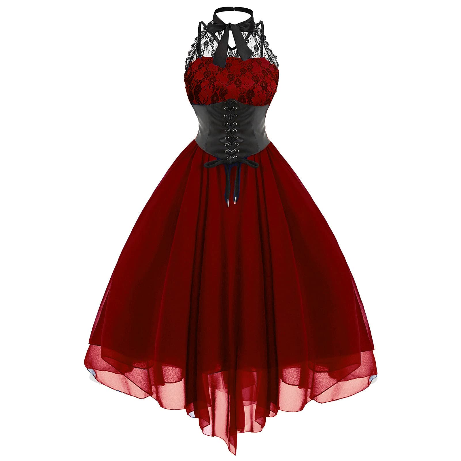 Gothic Lace Women's Dress - Halter Neck Sleeveless Cocktail Dress with Corset | Steampunk Hippie Chiffon Dress for Halloween Parties, Cosplay & Vintage Fashion Events