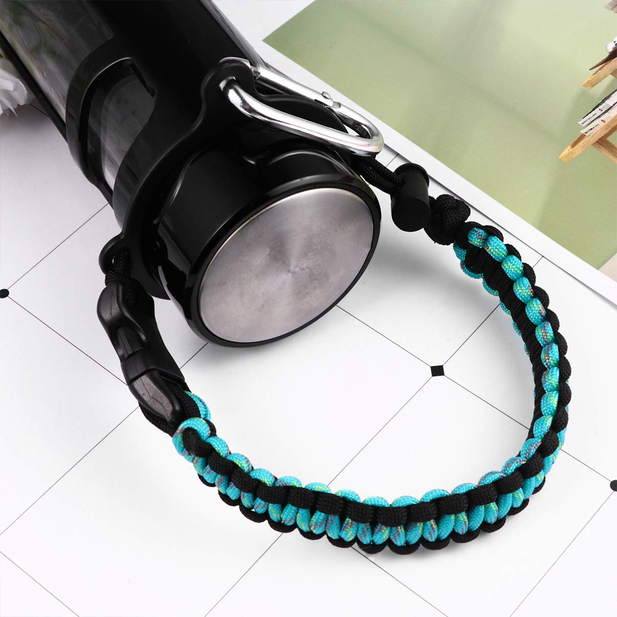 Cabilock 2-Pack Black Paracord Water Bottle Carrier with Safety Ring & Carabiner - Durable Survival Strap for Hiking, Camping, Gym & Outdoor Activities