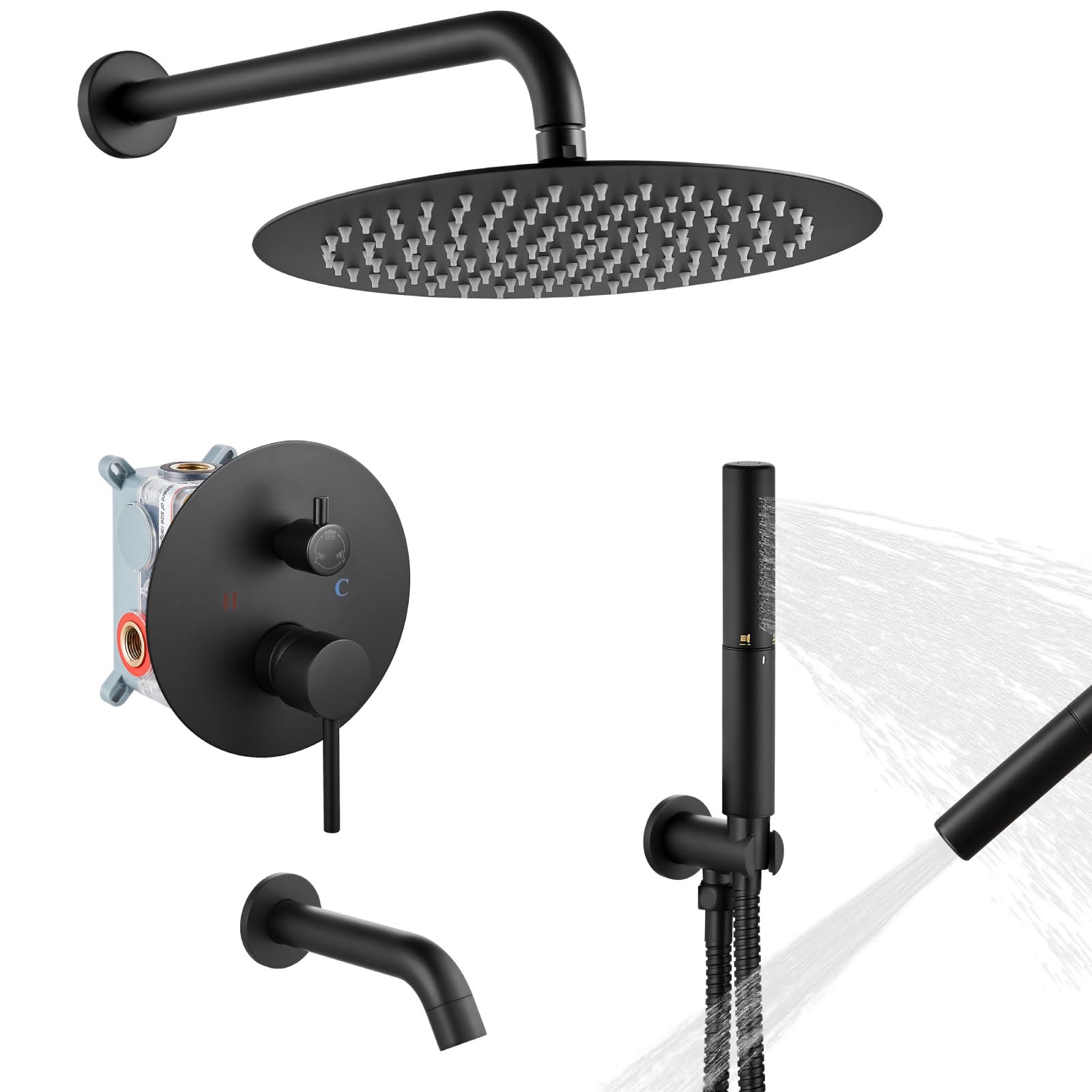Airuida 12-Inch Matte Black Round Shower System Set - 3-Function Wall Mount Rain Shower Faucet with 2-Function Handheld & Tub Spout - Perfect for Modern Bathroom Renovations and Spa-Like Shower Experience
