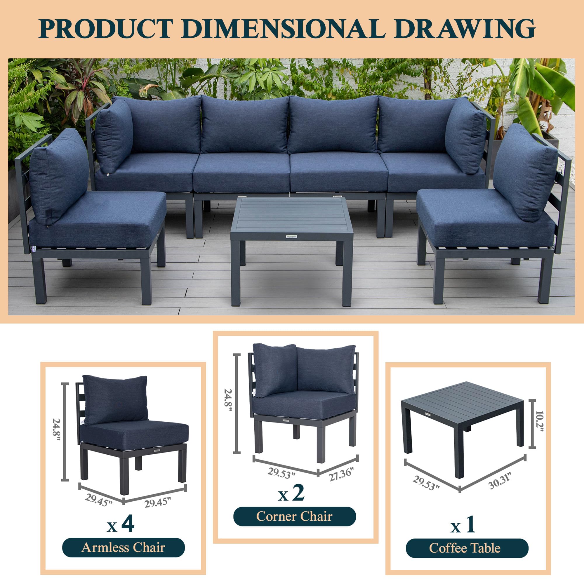 LeisureMod Chelsea 7-Piece Outdoor Patio Conversation Set with Aluminum Sectional Sofa, Weather-Resistant Cushions & Coffee Table - Blue | Perfect for Backyard, Poolside & Garden Relaxation