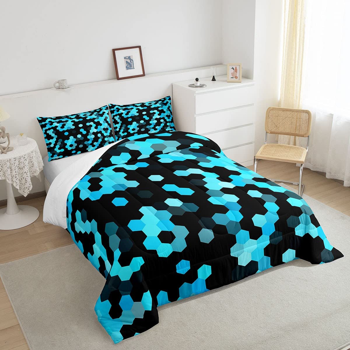 Honeycomb Camouflage Comforter Set - Full Size Black & Blue Camo Down Alternative Duvet for Kids, Boys & Adults | Military Style Hexagon Beehive Bedding | Perfect for Bedroom Decor, Camping & Army Themed Rooms