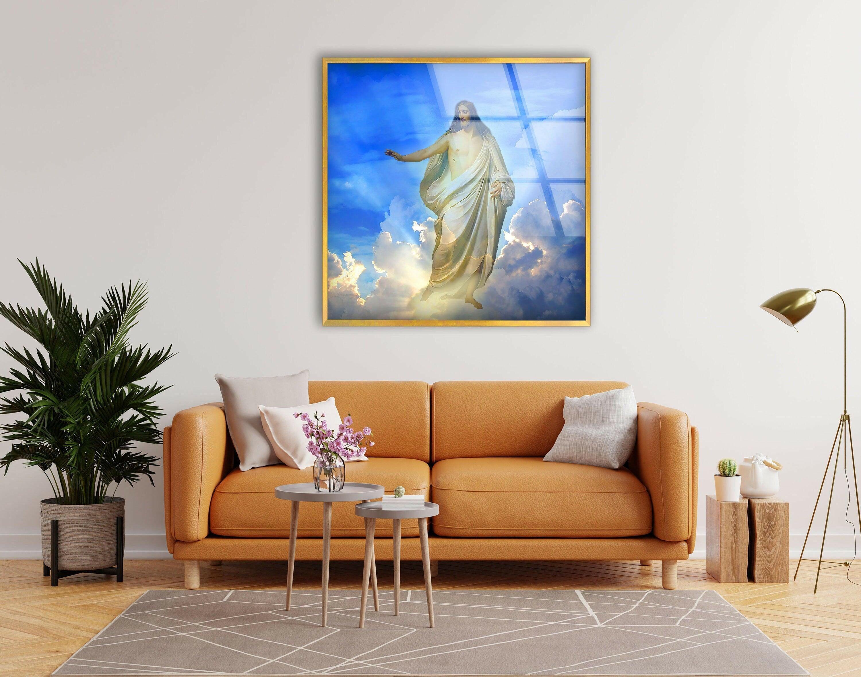 Blue Christian Jesus Cross Glass Wall Art - Handmade Religious Home Decor for Church, Bedroom & Office - Perfect Gift for Faithful Believers