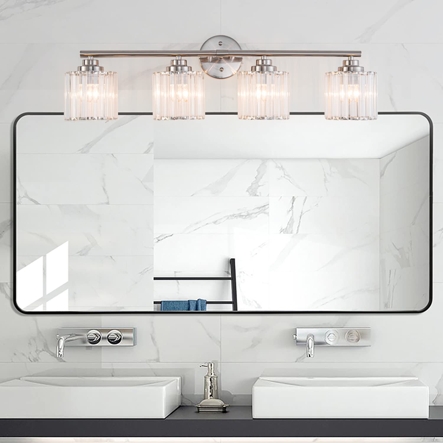 Modern Brushed Nickel Bathroom Vanity Light Fixture 32 Inch 4-Light Crystal Shade Industrial Wall Sconce - Waterproof LED Mirror Lighting for Bathroom, Bedroom Makeup Desk, Living Room, Kitchen & Porch (Hotel Style Decor)