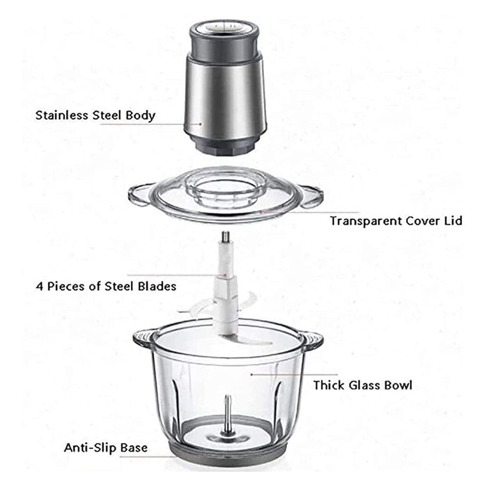 300W Electric Food Processor - 2L Stainless Steel Bowl, 4 Sharp Blades & 2 Speed Settings - Mini Food Chopper & Meat Grinder for Vegetables, Fruits, Onion, Garlic - Perfect for Meal Prep, Smoothies, Baby Food & Home Cooking