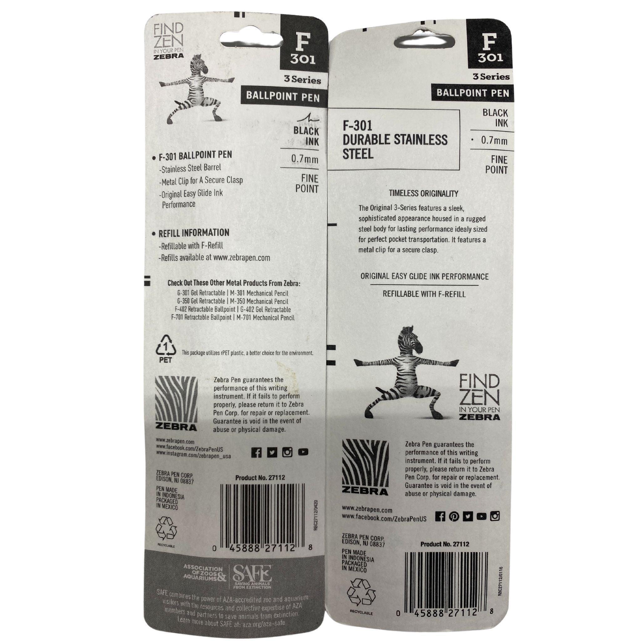 Zebra F 301 Ballpoint Pen - 0.7mm Fine Point Black Ink (50 Pack) - Smooth Writing for Office, School & Everyday Use