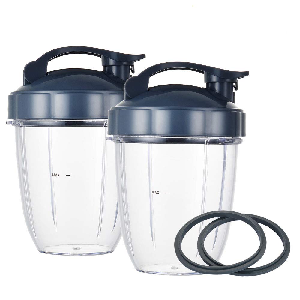 NutriBullet Replacement Cups 18oz (2 Pack) - Compatible with NutriBullet 600W/900W Blenders - Includes 2 Flip-Top Lids & 2 Rubber Gaskets - Perfect for Smoothies, Protein Shakes & Meal Prep On The Go