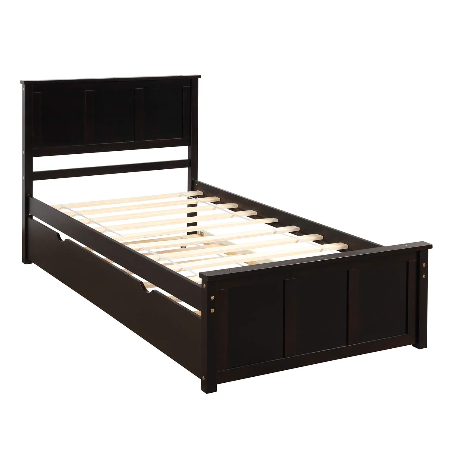 Twin Platform Bed Frame with Trundle - Solid Wood Bed with Headboard & Footboard, No Box Spring Required, Espresso Finish - Perfect for Kids Rooms, Guest Bedrooms & Small Spaces