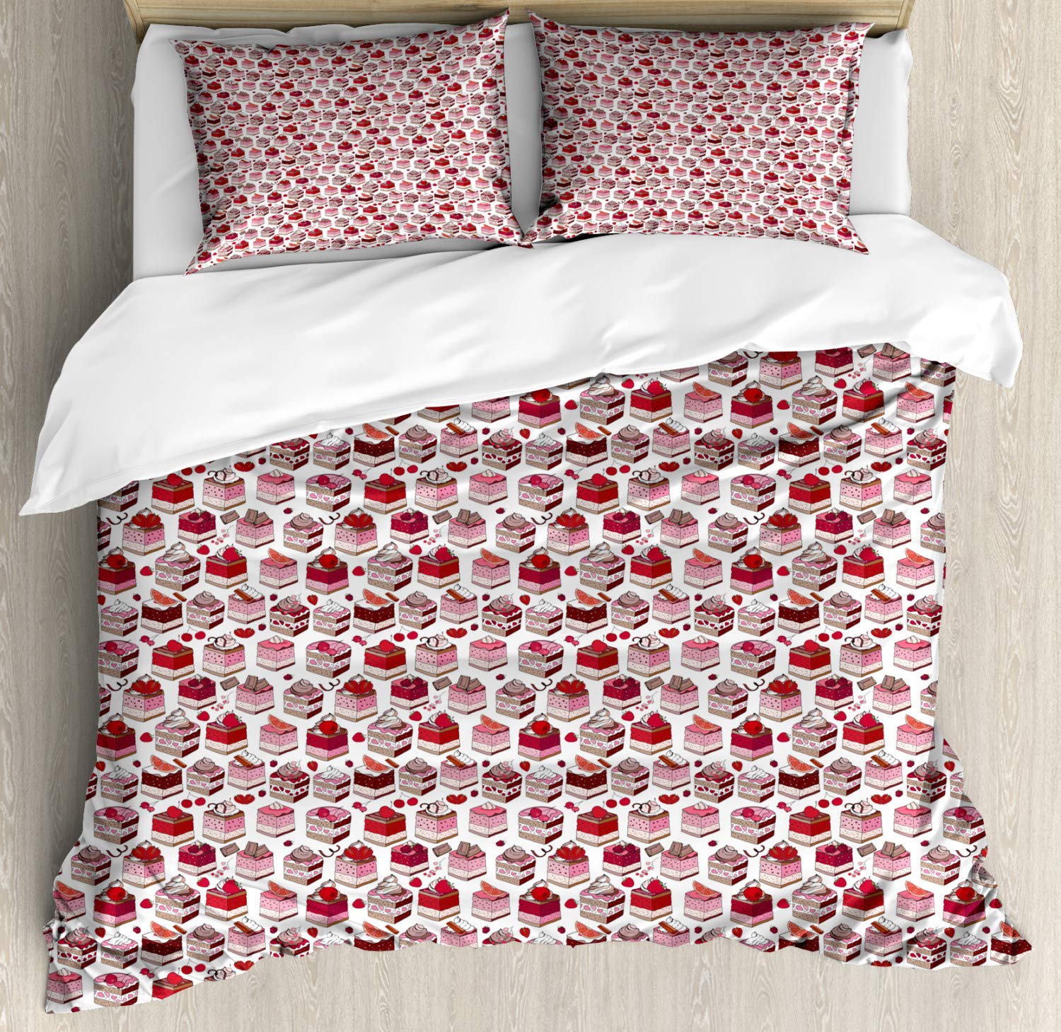 Ambesonne Dessert Duvet Cover Set - Delicious Cake Slices with Strawberry Chocolate Pastry Food Art - 3 Piece Queen Size Bedding Set with 2 Pillow Shams - Dark Pink Rose Design - Perfect for Sweet Themed Bedrooms, Bakeries, or Gift Giving