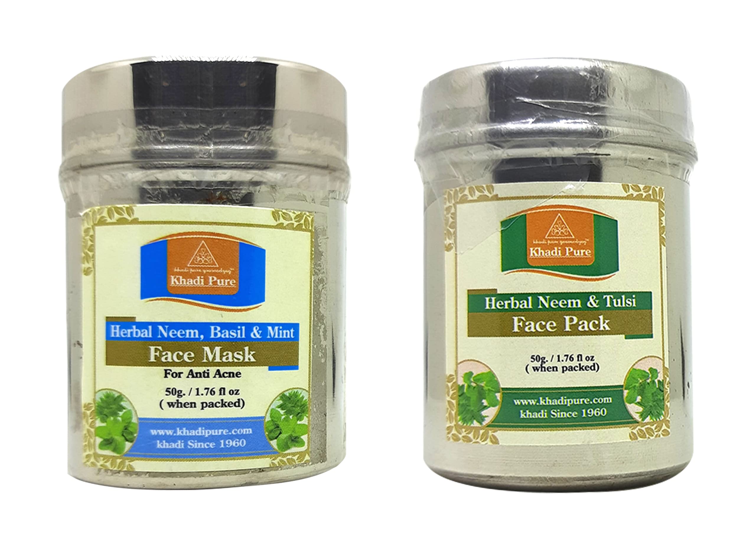 Khadi Pure Neem, Basil & Mint and Neem & Tulsi Face Pack Combo - 50g (Pack of 2) | Natural Ayurvedic Facial Mask for Acne, Oily Skin & Glow | Perfect for Daily Skincare Routine & Spa Treatments