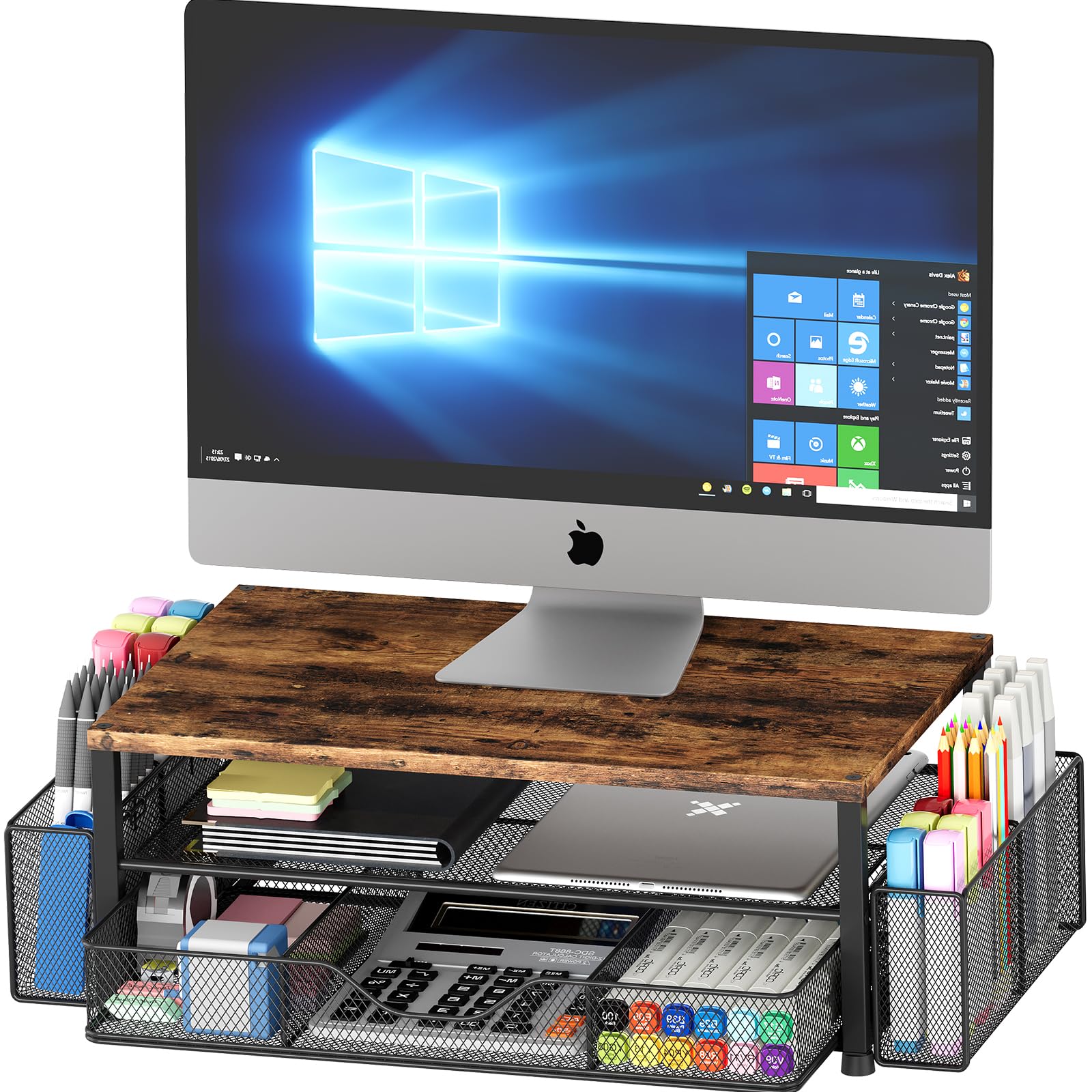 2-Tier Wooden Monitor Stand with Drawer & Pen Holders - Desk Organizer for Computer Accessories | Office Workspace Storage Solution for Supplies, Papers & Stationery | Perfect for Home Office & Workspace Organization