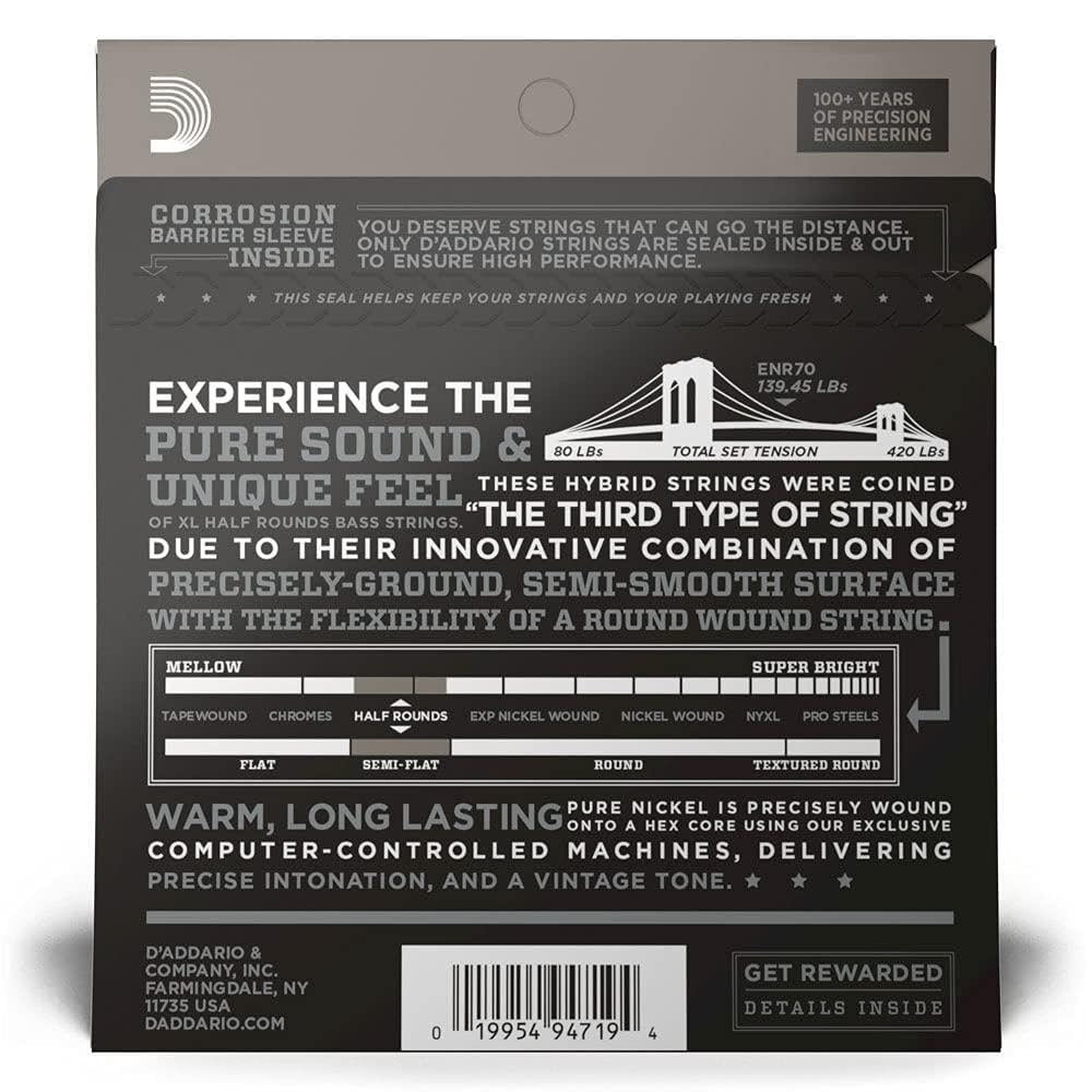 D'Addario XL Nickel Half Round Bass Guitar Strings ENR70 - Long Scale, Super Light Gauge 40-95, 4-String Set (Pack of 1) - Perfect for Jazz, Blues & Rock Bass Players
