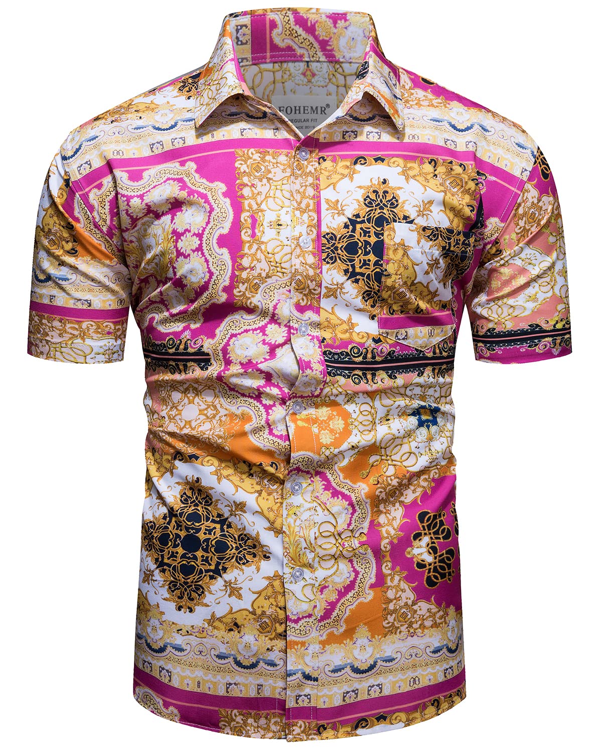 Luxury Men's Black Gold Baroque Print Short Sleeve Dress Shirt - Chain Design Button Down Casual Shirt for Business, Party & Formal Occasions