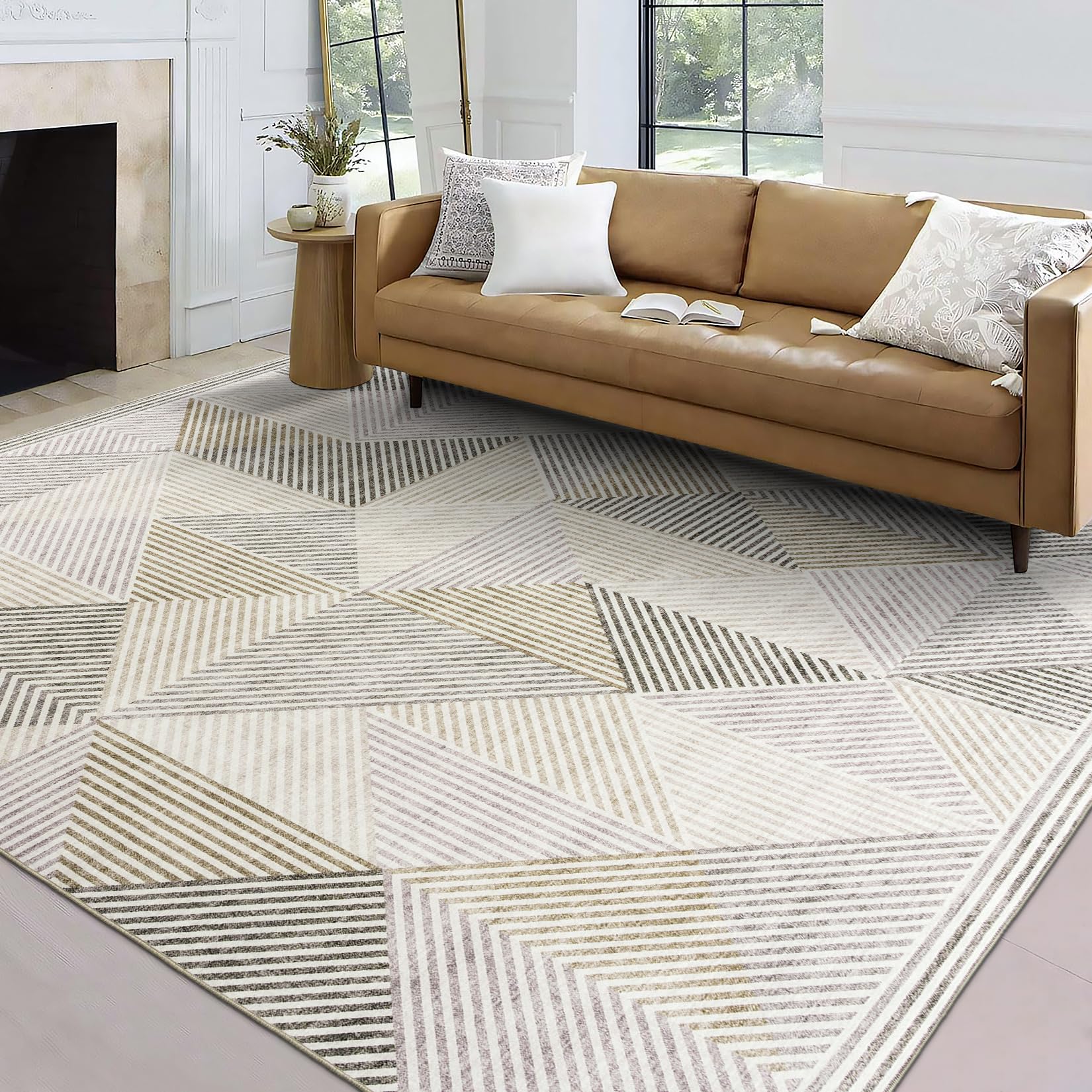 Machine Washable Area Rug - Stain Resistant Low Pile Modern Geometric Rug for Living Room, Bedroom, Office - Soft Padded Non-Slip Contemporary Design - Perfect for High Traffic Areas & Pet-Friendly Homes - Miles Collection Beige 7'6