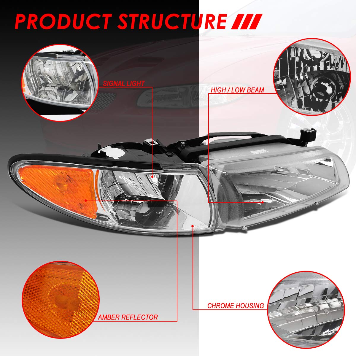 OE Style Chrome Housing Amber Corner Headlights with Turn Signal Lamps - Compatible with Pontiac Grand Prix 1997-2003 - Perfect for Night Driving & Car Restoration Projects