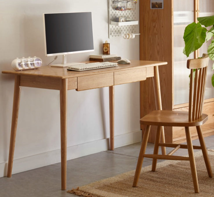 Solid Oak Wood Office Desk with Spindle-Shaped Slanted Legs - Modern Home Office Furniture for Work & Study