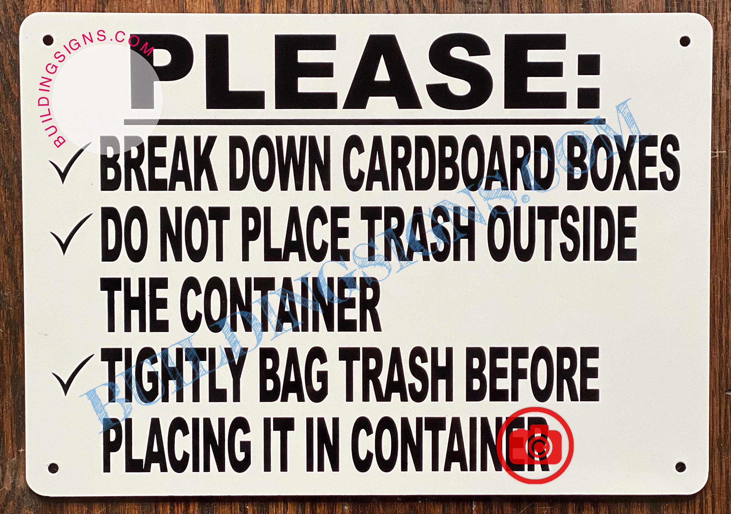 7x10 Inch White Aluminum Garbage Container Rules Sign - Break Down Cardboard, No Trash Outside - Perfect for Warehouses, Offices & Recycling Centers