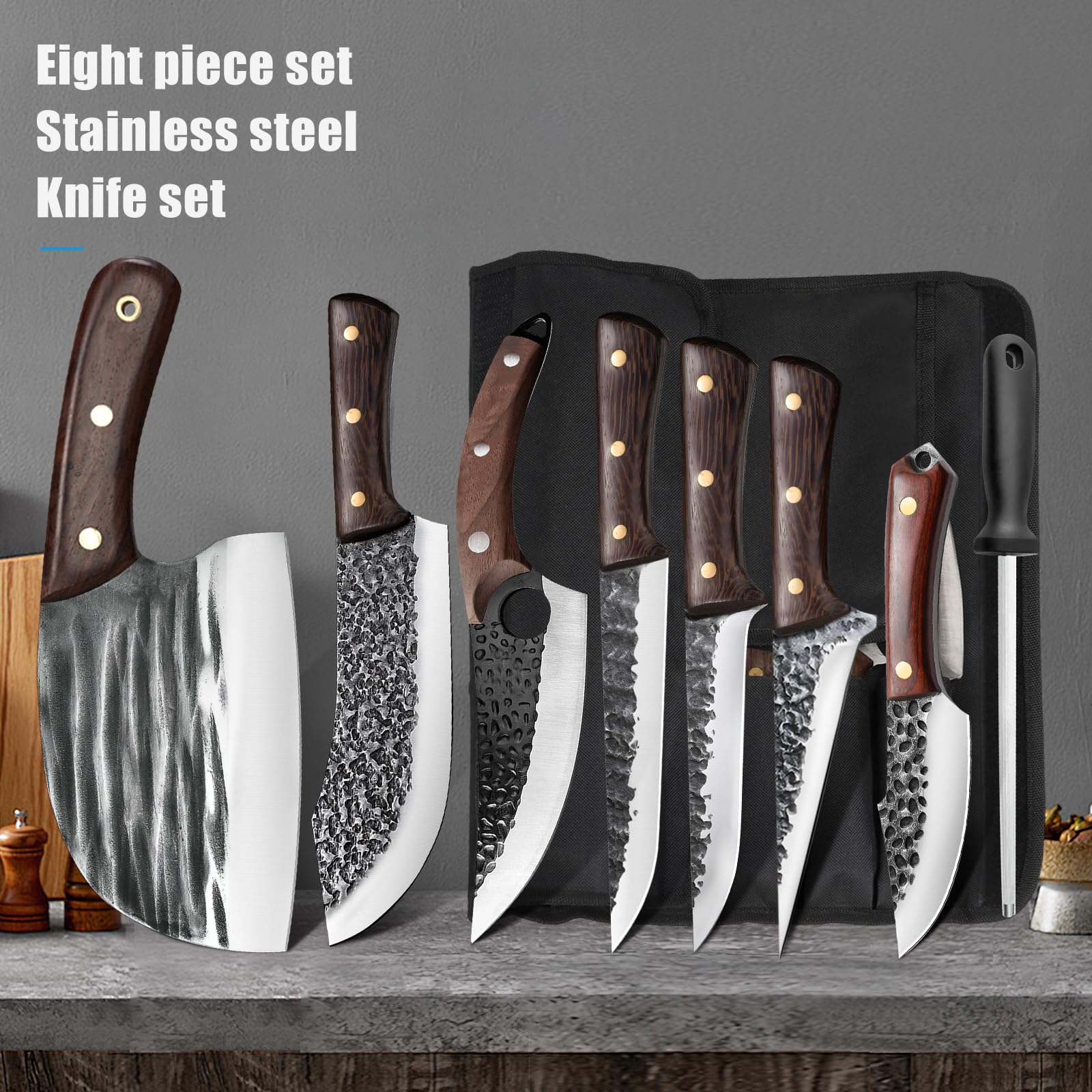 Premium 8-Piece Butcher Knife Set with Roll Bag - Professional Chef Knives for Meat Cutting, Viking Cleavers with Ergonomic Handles - Hand Forged Stainless Steel Kitchen Knife Set for Home Cooking, BBQ, Camping & Outdoor Adventures