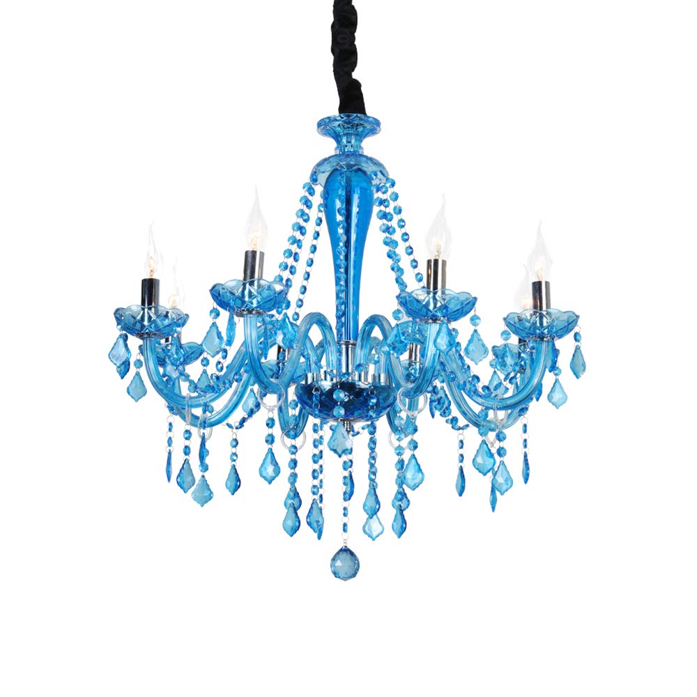 LITFAD 6-Light Rustic Crystal Chandelier - Clear Blue Tapered Candle Pendant Light with 12