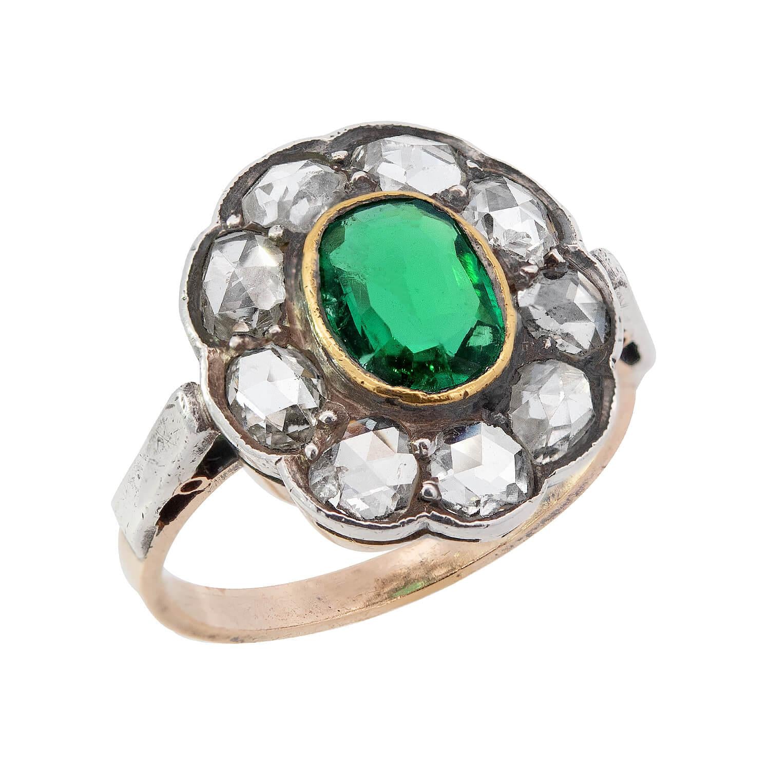 14K Gold & Sterling Silver Georgian Emerald Diamond Halo Ring for Women | Vintage Inspired Engagement & Wedding Jewelry Gift for Her | Perfect for Anniversaries, Proposals & Special Occasions
