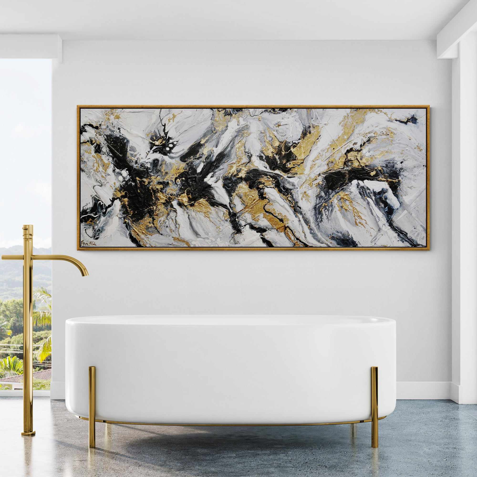 Golden Currency 200cm x 80cm Black White Gold Textured Abstract Canvas Wall Art - Modern Home Decor for Living Room, Bedroom & Office