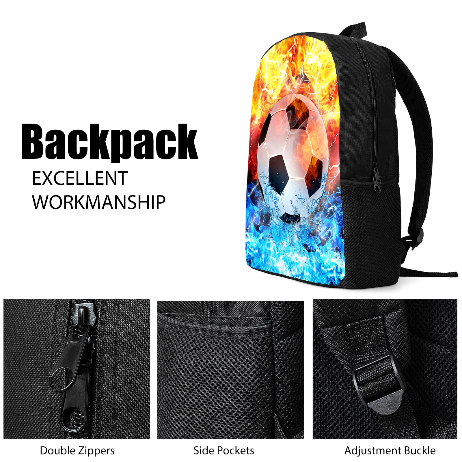 Kids Backpack Set with Lunch Box & Pencil Case - 3PCS School Backpack for Boys & Girls, Teen Bookbag for Middle & High School Students | Perfect for School, Travel & Sports (Soccer Fire Design)