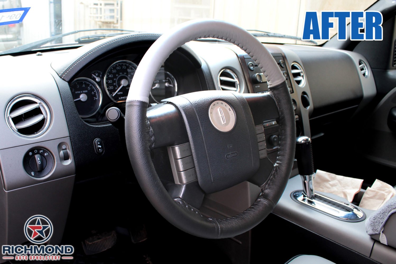 2006 Lincoln Mark LT Genuine Leather Steering Wheel Cover - Black & Gray for Enhanced Grip & Comfort - Perfect for Daily Commuting & Long Road Trips