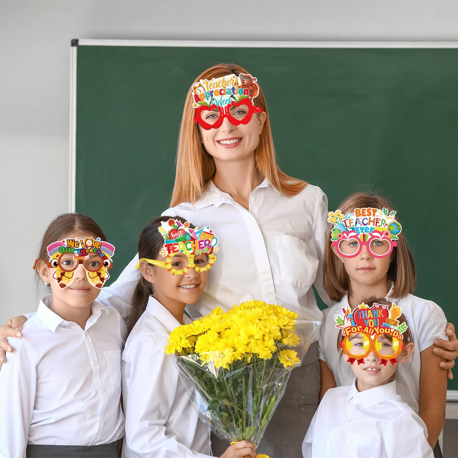 28pcs Thank You Teacher Paper Eyeglasses - Fun Photo Booth Props for Teacher Appreciation Week & Teachers Day Decorations - Perfect for Classroom Parties, School Events & Teacher Gifts