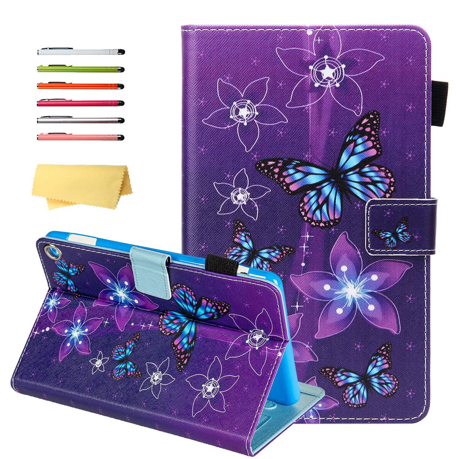 Premium PU Leather Smart Folio Case for iPad 10.2 Inch (9th/8th/7th Gen 2021/2020/2019) - Auto Wake/Sleep, Built-in Stand, Pencil Holder & Card Pockets | Shockproof Protective Cover with Purple Flower Butterfly Design | Perfect for Work, Travel & Daily Use