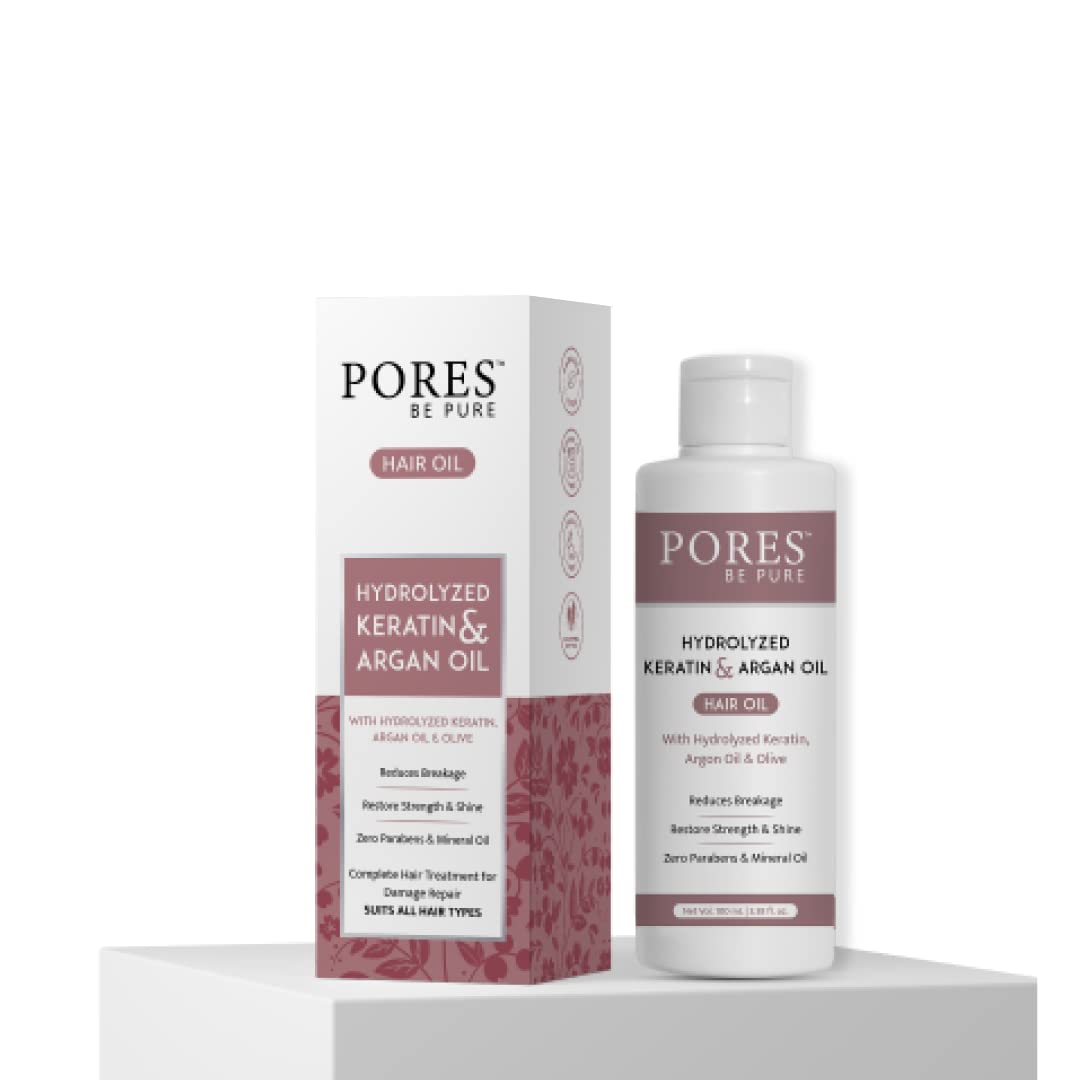 PORES Be Pure Hydrolyzed Keratin & Argan Hair Oil with Almond Oil - Smooth, Shiny, Strong Hair Treatment for Damaged Hair | Sulfate & Paraben Free | Men & Women | 100ml | Perfect for Daily Hair Care, Salon Treatments & Heat Styling Protection