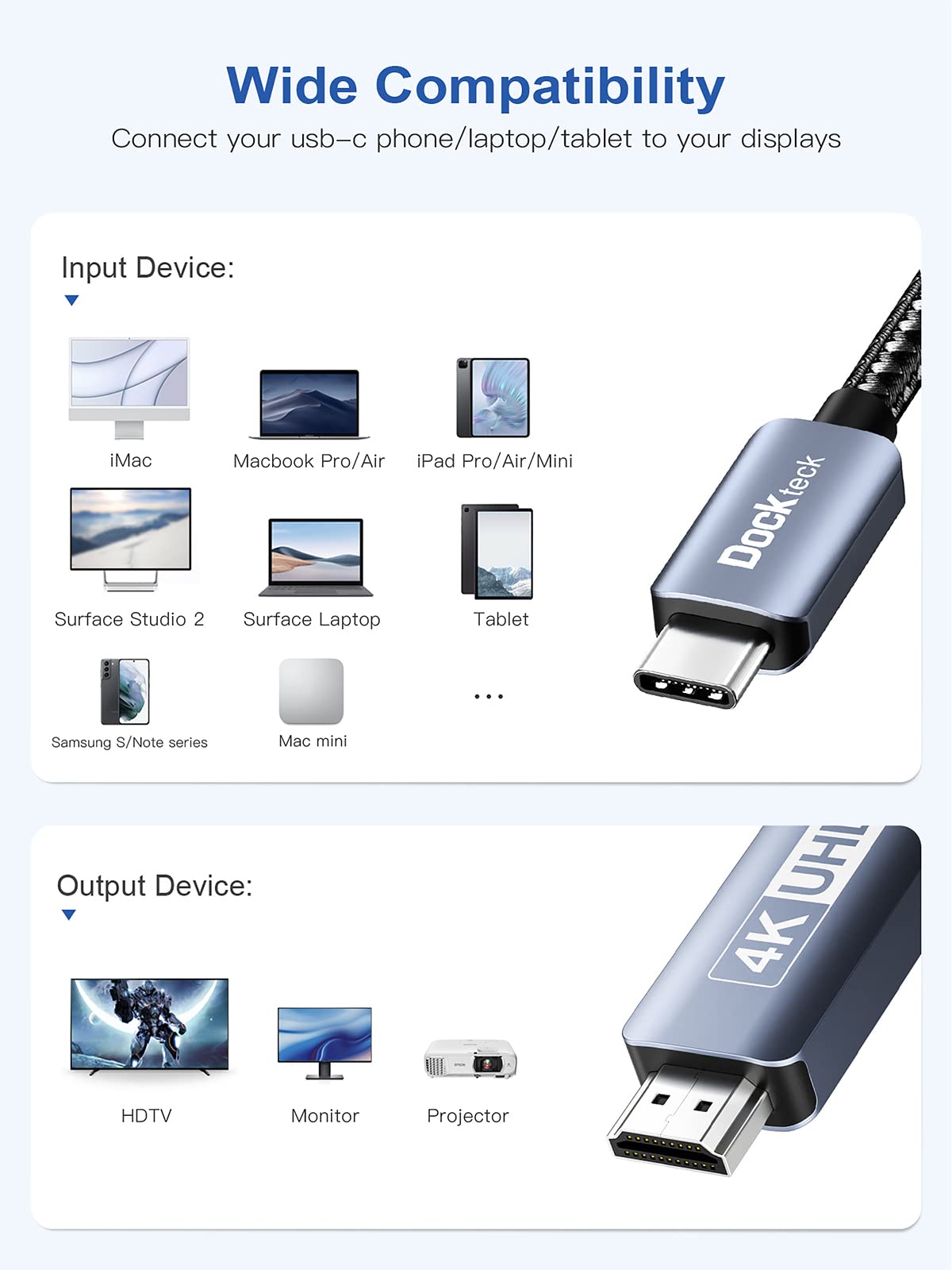 Dockteck USB C to HDMI 4K 60Hz Cable 6Ft - Thunderbolt 3/4 to HDMI Adapter Cord for iPhone 15, MacBook Pro/Air, iPad Air 4/Pro, iMac Pro - High-Speed HDR Braided Cable for Home Theater, Office Presentations & Gaming