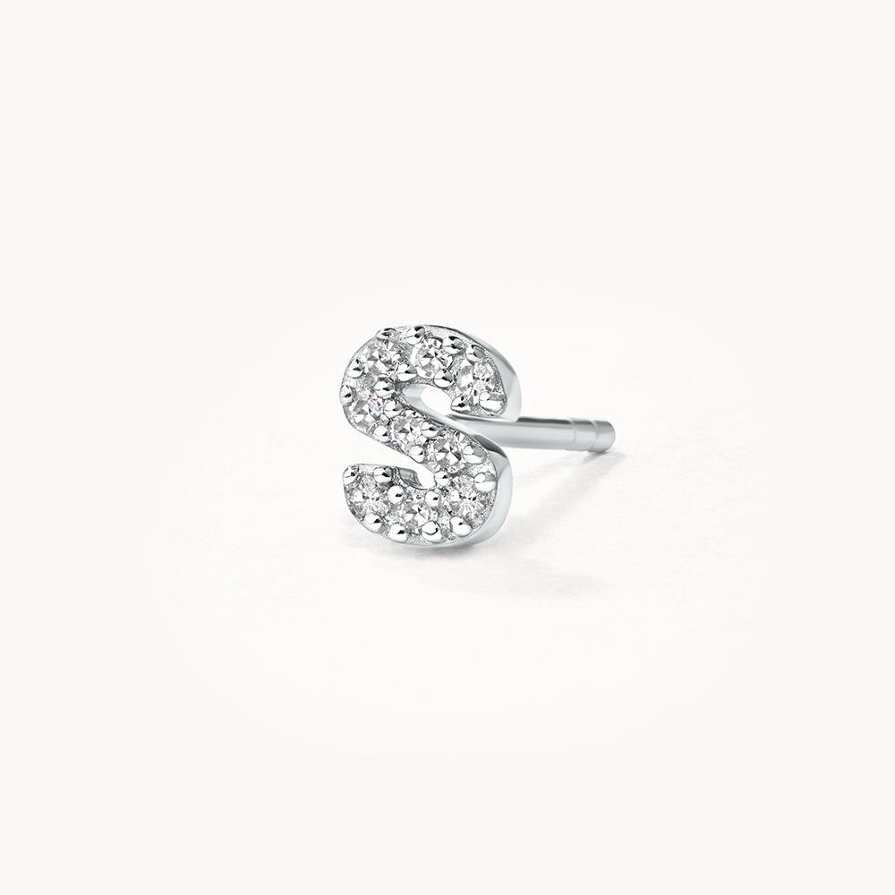 Diamond Letter S Single Stud Earring in Sterling Silver - Perfect for Everyday Wear & Personalized Gifts