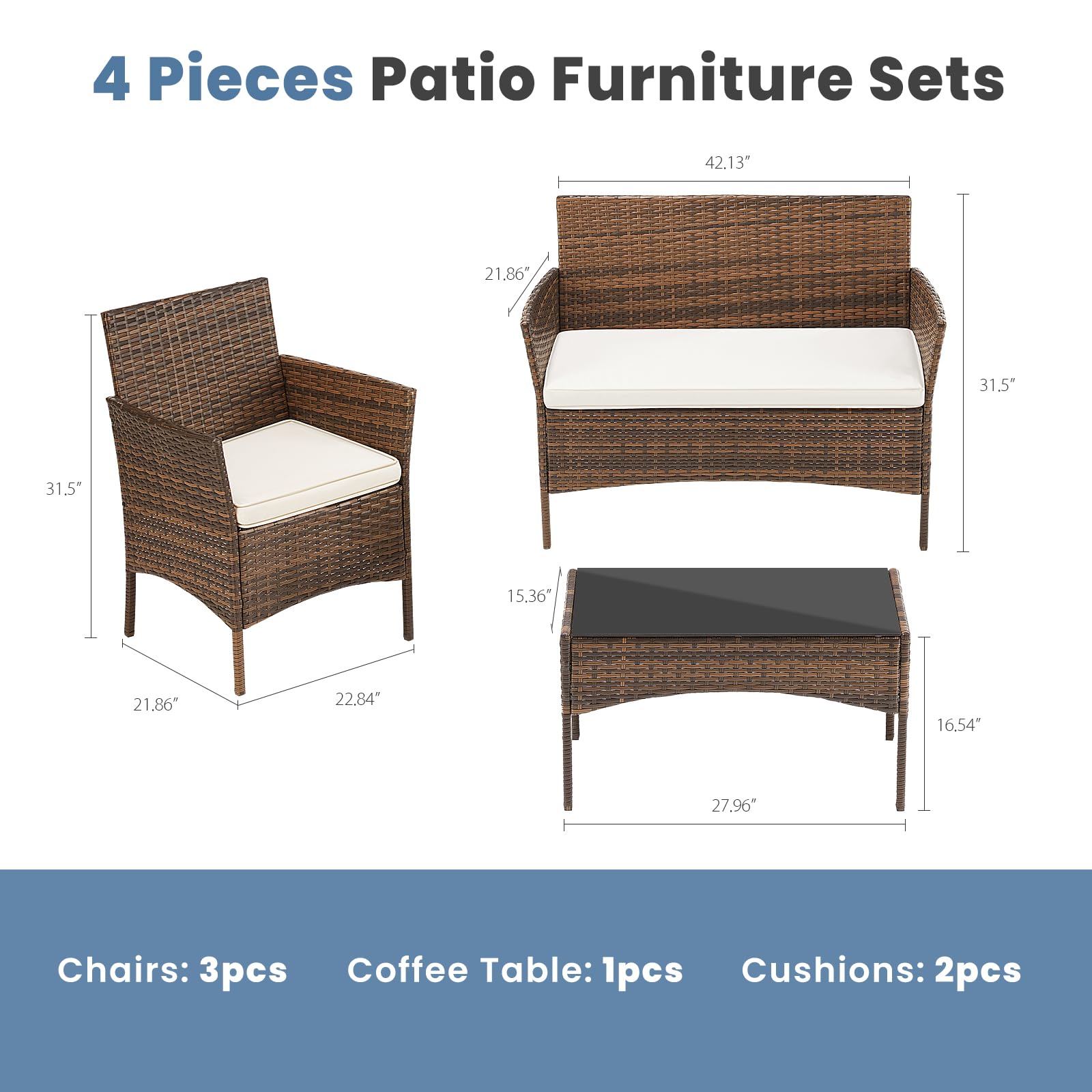 DUMOS 4-Piece Patio Furniture Set - Outdoor Wicker Sofa & Coffee Table - Modern Rattan Conversation Set for Garden, Terrace, Porch, Balcony - Brown & Beige - Perfect for Outdoor Relaxation & Entertaining