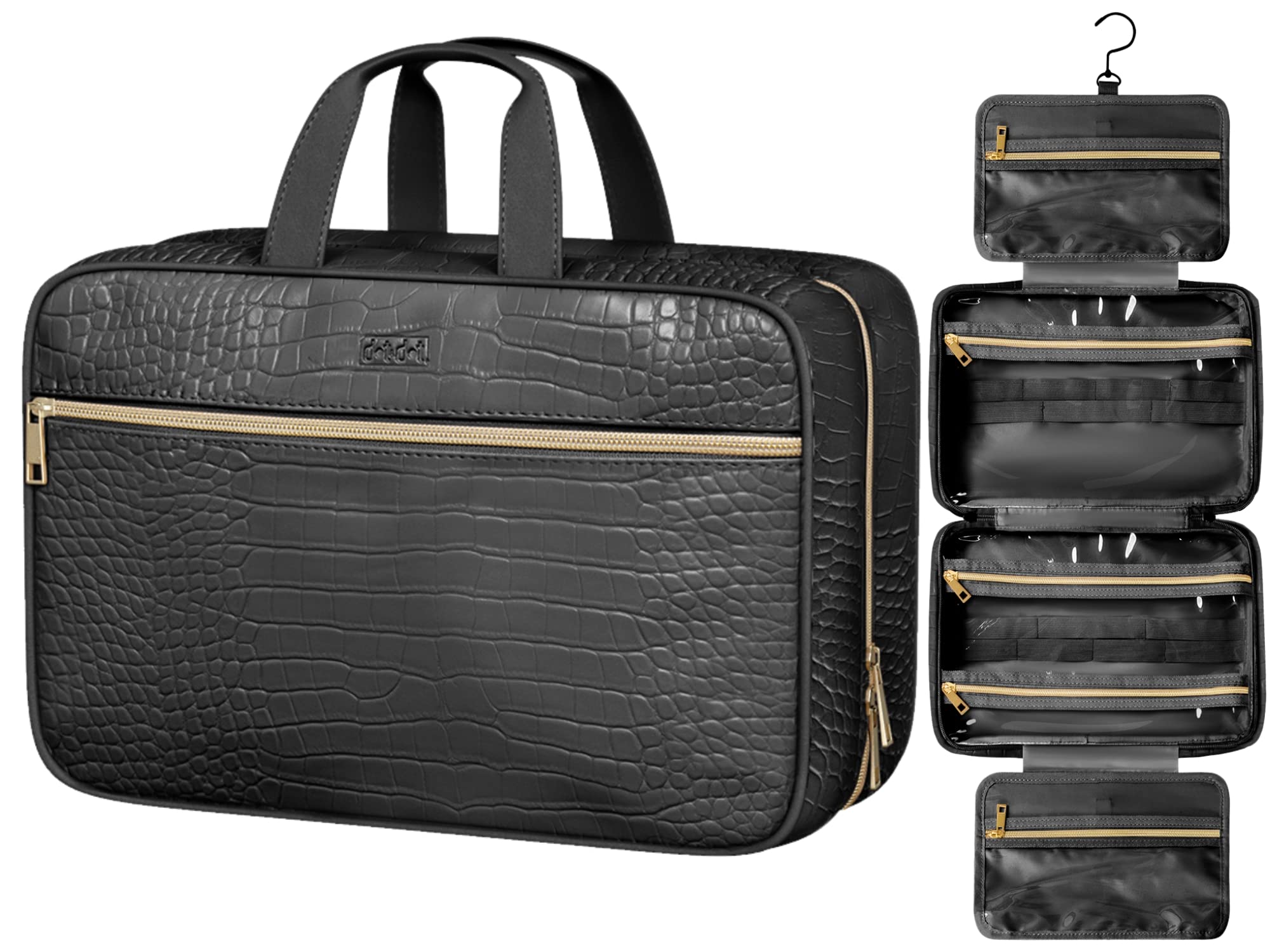 Dot&Dot Genuine Croc Leather Hanging Toiletry Bag - Large Travel Cosmetic Organizer for Women & Men | Waterproof Makeup Bag, Dopp Kit, Bathroom Essentials Pouch | Perfect for Vacation, Business Trips, Gym & Weekend Getaways