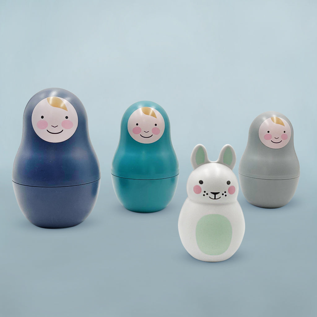 Pastel Blue Nesting Baby Dolls with Chiming Bunny - Soft & Cuddly Infant Toys for Newborns & Toddlers - Perfect for Nursery Decor, Baby Showers, and Early Learning Playtime