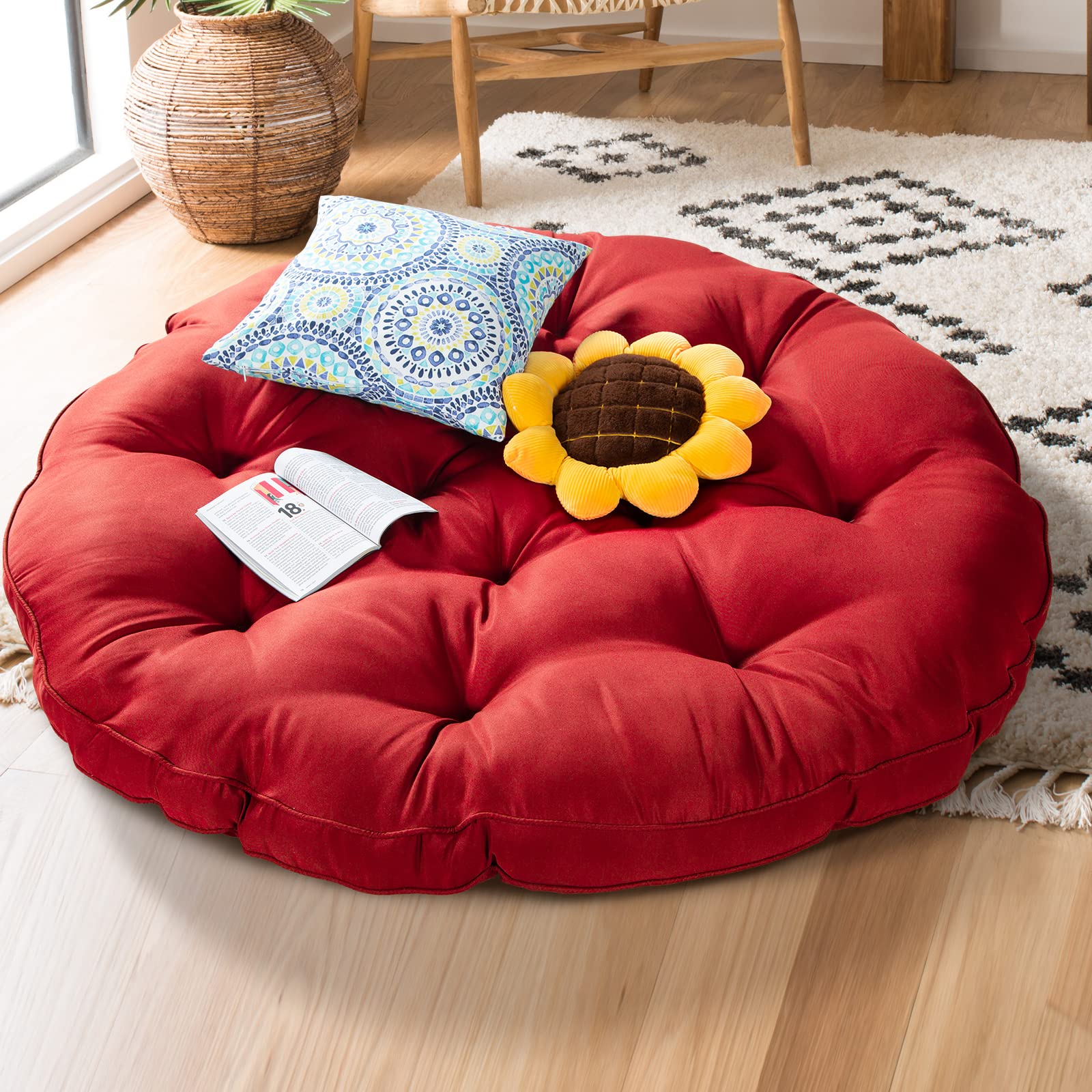 Joyside 46'' Wicker Papasan Chair with Cushion & Frame - Large Round Saucer Lounge Chair for Living Room, Bedroom, or Outdoor Relaxation - Perfect Circle Chair for Reading, Napping, and Lounging in Red