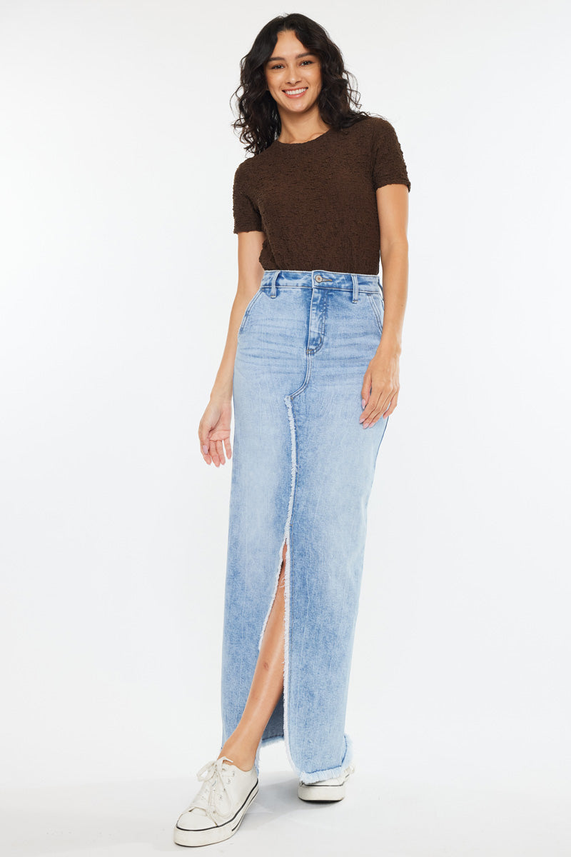 Anette High Rise Maxi Denim Skirt for Women - Vintage Blue Stretch Denim Long Skirt with Side Slits | Perfect for Casual Outfits, Date Nights & Boho Style