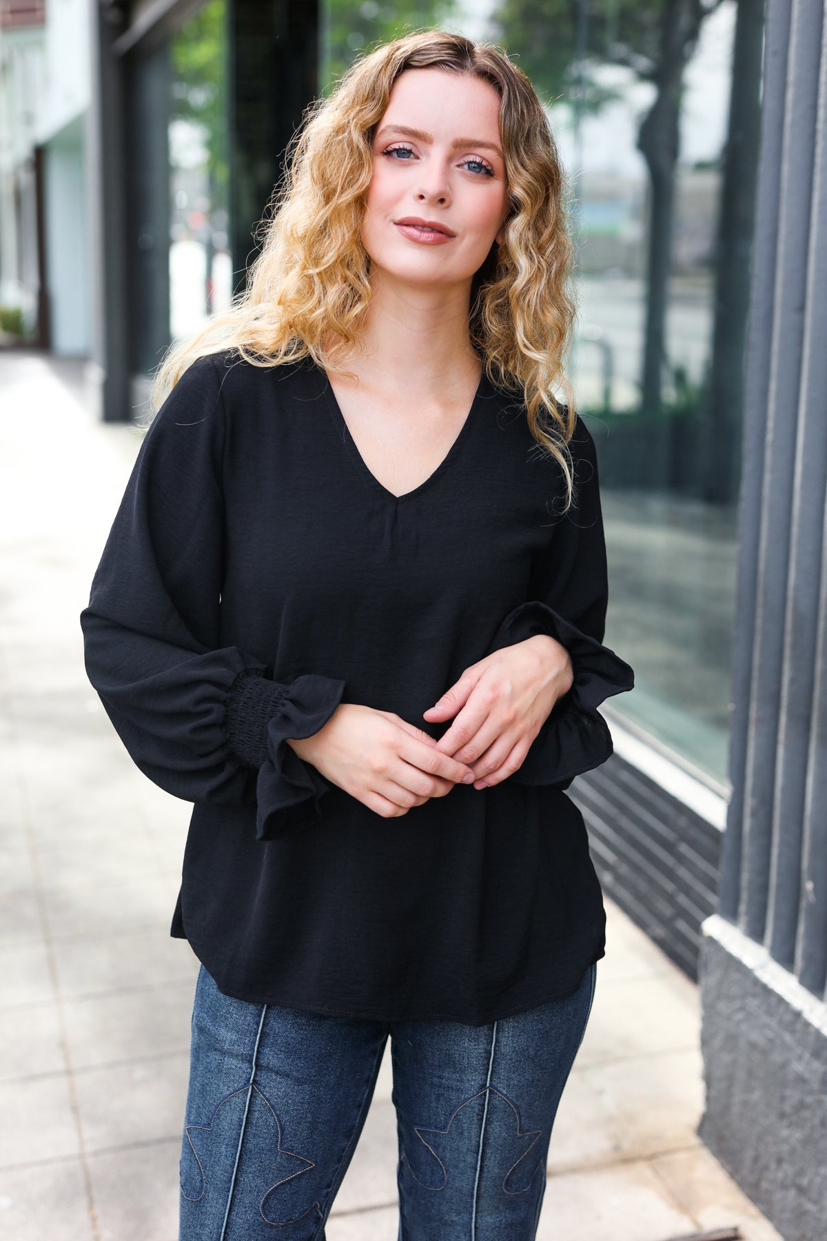 Hello Beautiful Black Smocked Bubble Sleeve Woven Top - Women's Elegant Blouse for Casual Wear, Date Night & Office Outfits