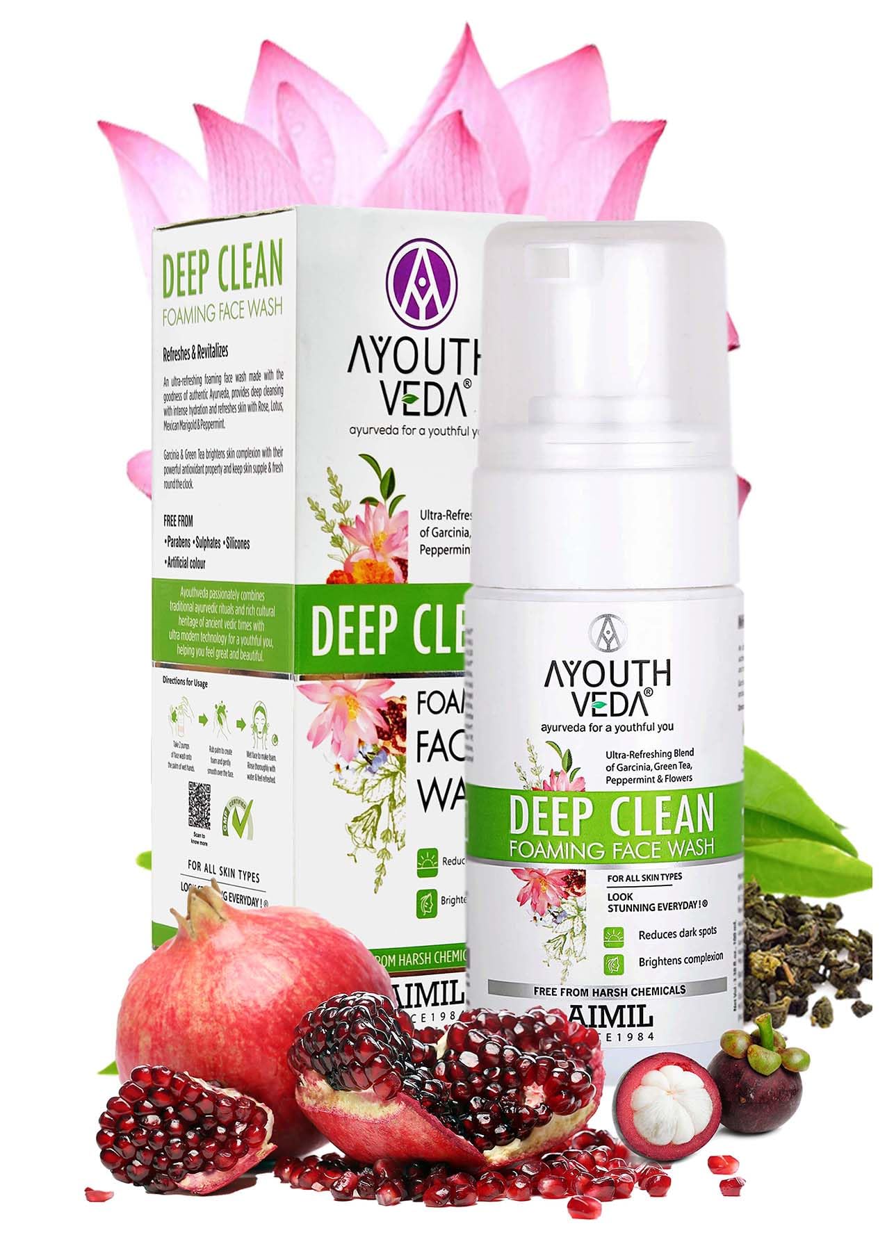 Ayouthveda Deep Clean Foaming Face Wash for Men & Women - Reduces Pigmentation & Dark Spots with Indian Madder, Garcinia & Pomegranate - 100ml Daily Cleanser for Brighter Skin | Perfect for Morning & Night Skincare Routine