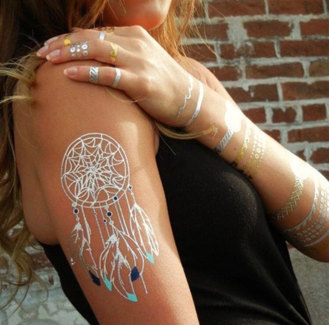 Metallic Temporary Tattoos for Women & Girls - Golden & Silver Ancient Design - 19x15cm (1PC) - Perfect for Festivals, Parties, and Special Occasions
