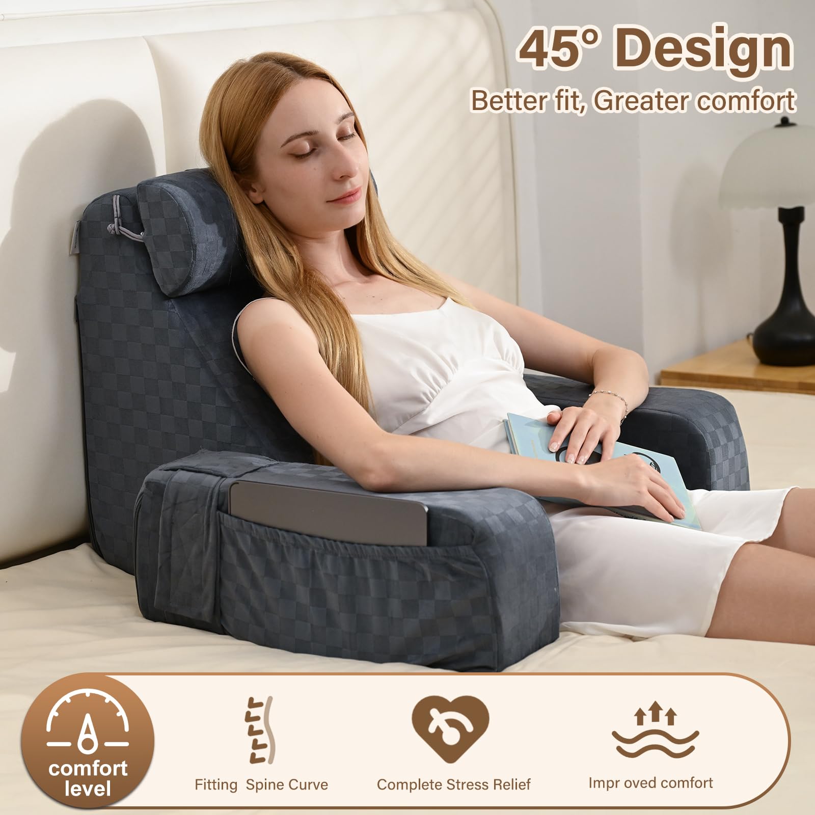 Vekkia Adult Reading Pillow for Sitting in Bed - Back Support Pillow with Large Pockets, Perfect for Reading, Gaming, Watching TV in Bed or on Floor - 19 Inch Dark Grey Bed Rest Pillow - Ideal for Cozy Nights, Relaxation & Comfortable Lounging