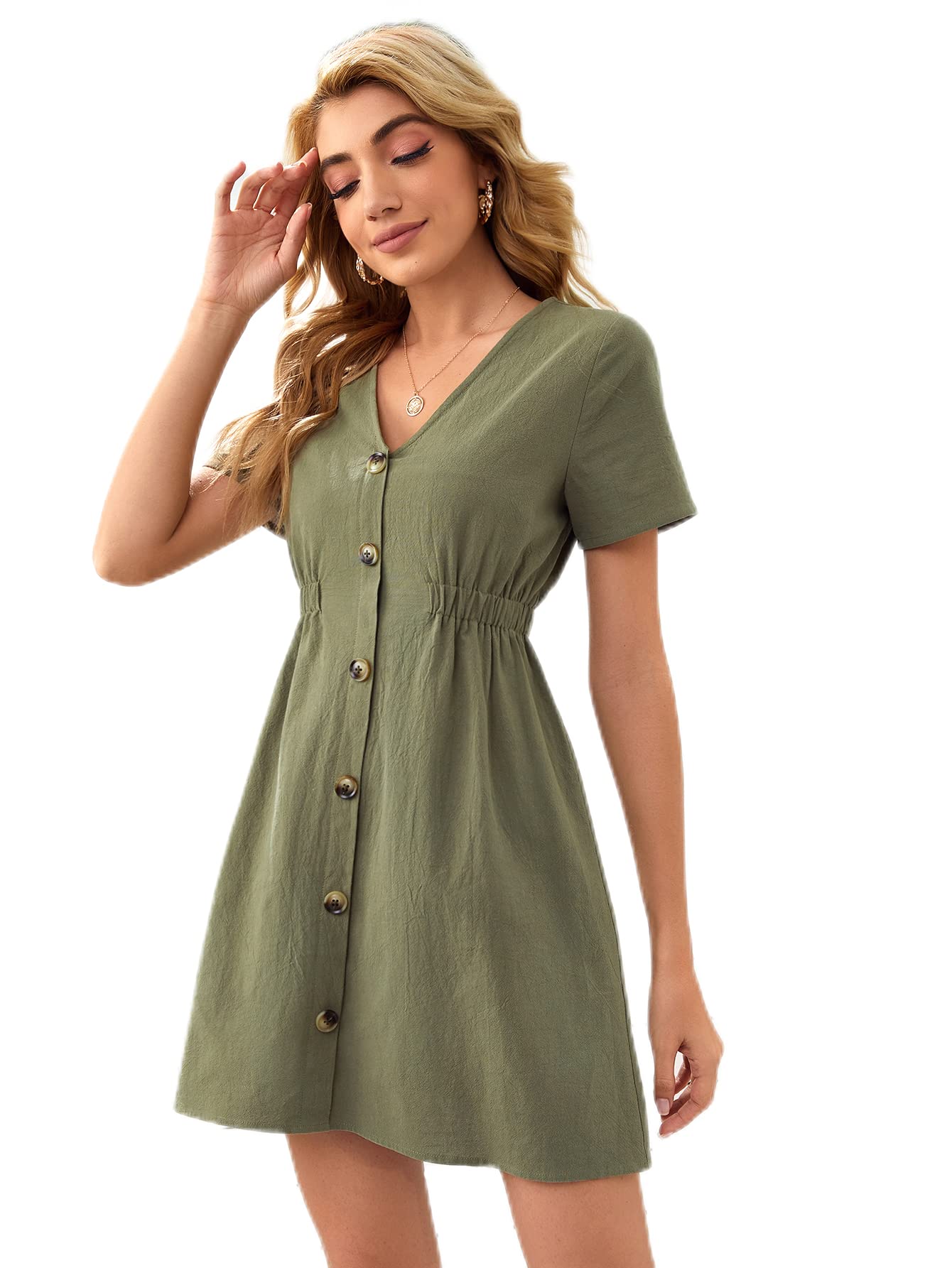 Milumia Women's Summer V-Neck Button Down Short Dress with Elastic Waist & Flared A-Line Cut - Perfect for Beach, Vacation, and Casual Outings