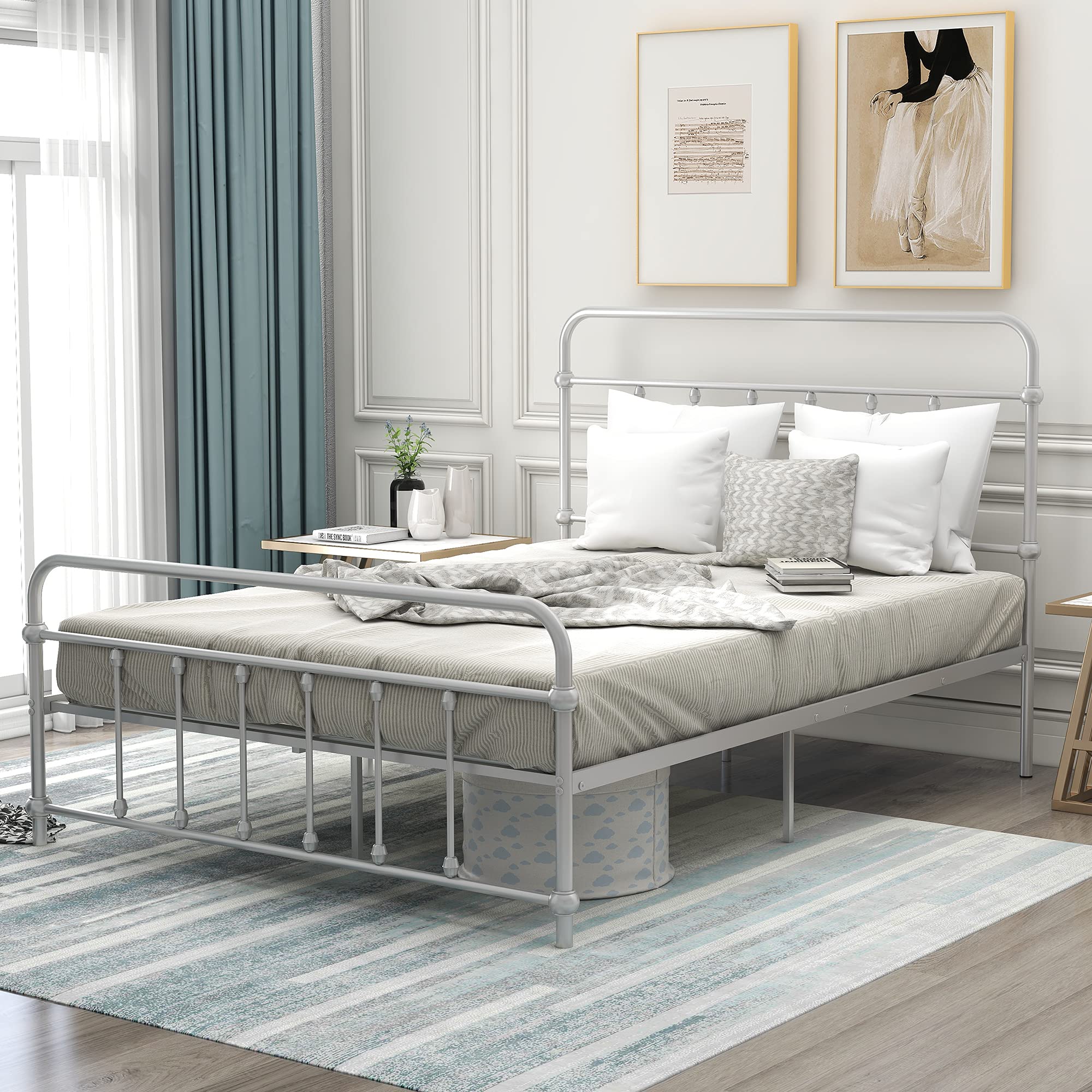 Full Size Metal Platform Bed Frame with Victorian Style Headboard & Footboard - Sturdy Mattress Foundation for Bedroom & Guest Room, No Box Spring Needed (Silver) - Perfect for Classic & Vintage Home Decor