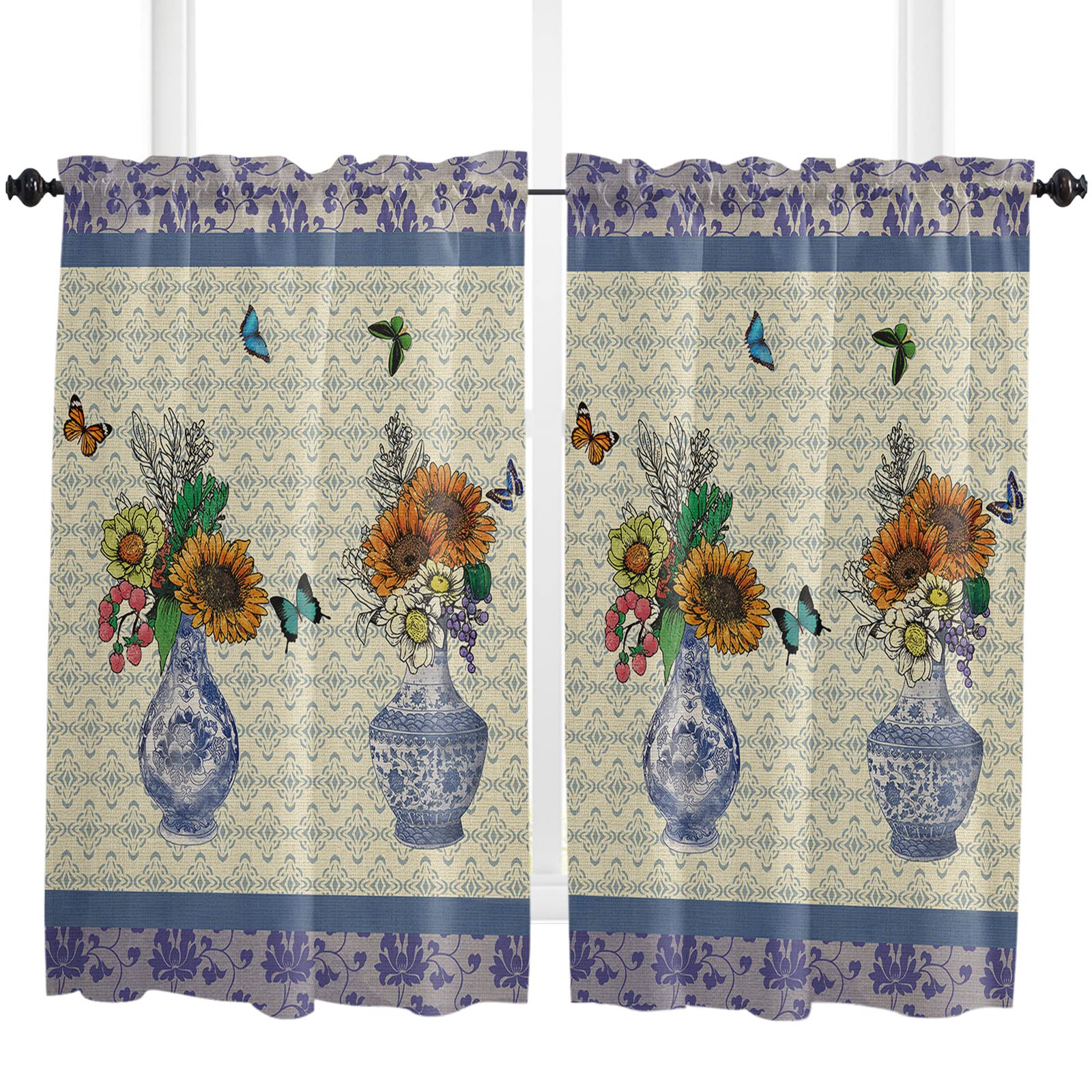 Vintage Floral Butterfly Window Curtains 45 Inches Long - Set of 2 Panels, Light Filtering Kitchen & Bathroom Curtains with Rod Pocket, Simple Drawn Flowers Tiles Texture - Perfect for Cafe, Bedroom & Home Decor