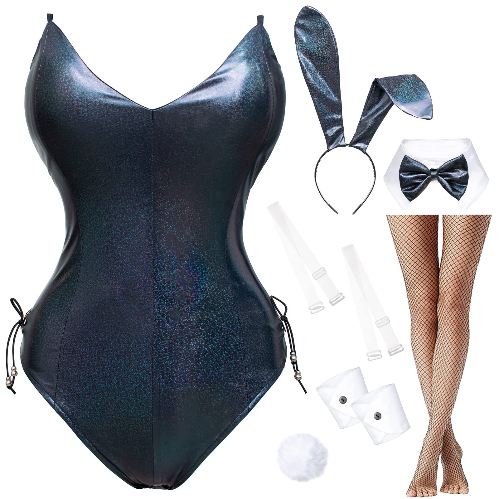 Women's Bunny Costume - Shimmering Holographic Bodysuit with Stockings Set | Anime Cosplay, Senpai Outfit, Party Wear for Halloween & Themed Events