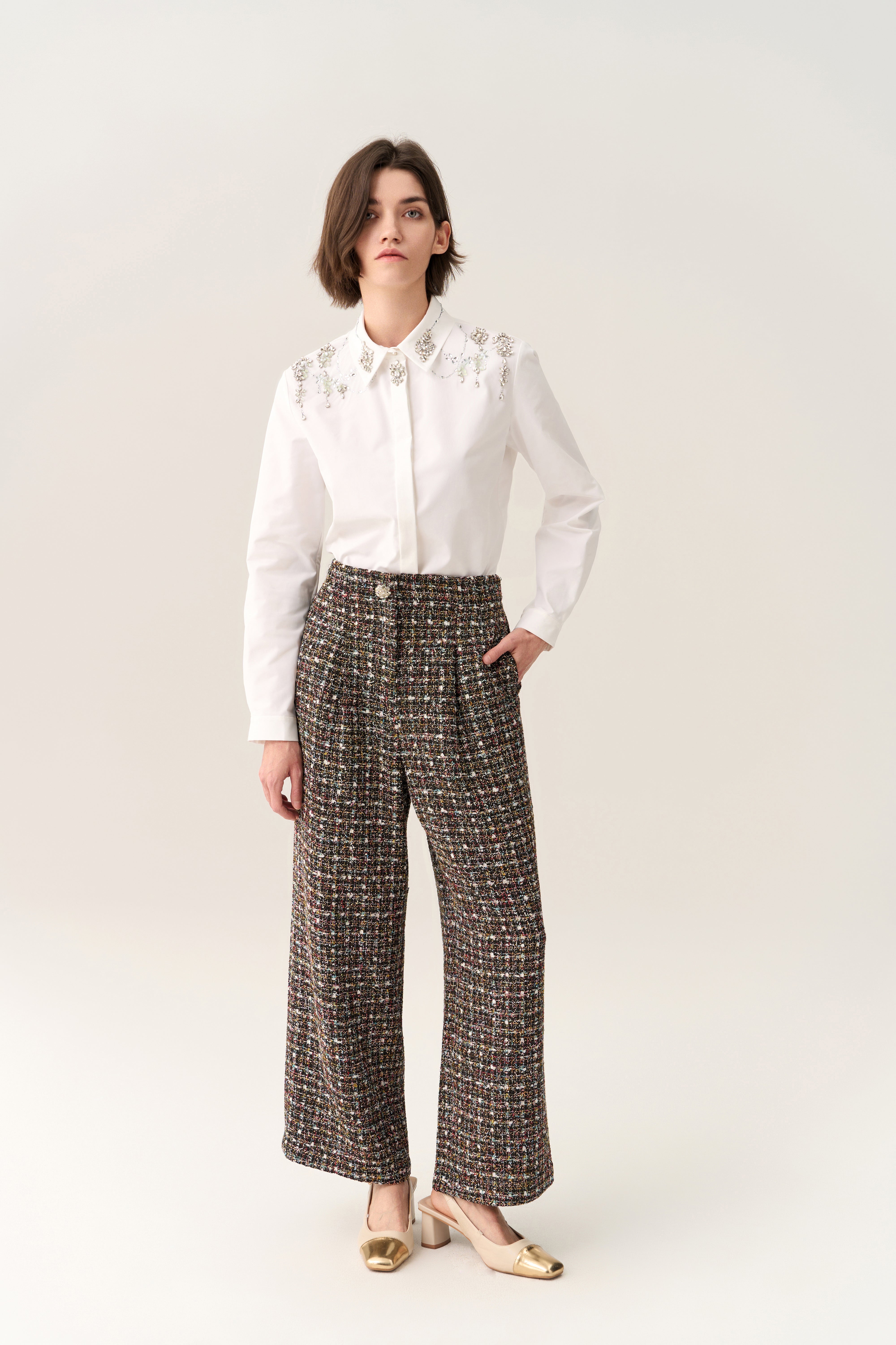 Stylish Pleat Detail Wide Leg Tweed Trousers for Women - Comfortable High Waist Pants for Office, Business Casual & Fall Fashion