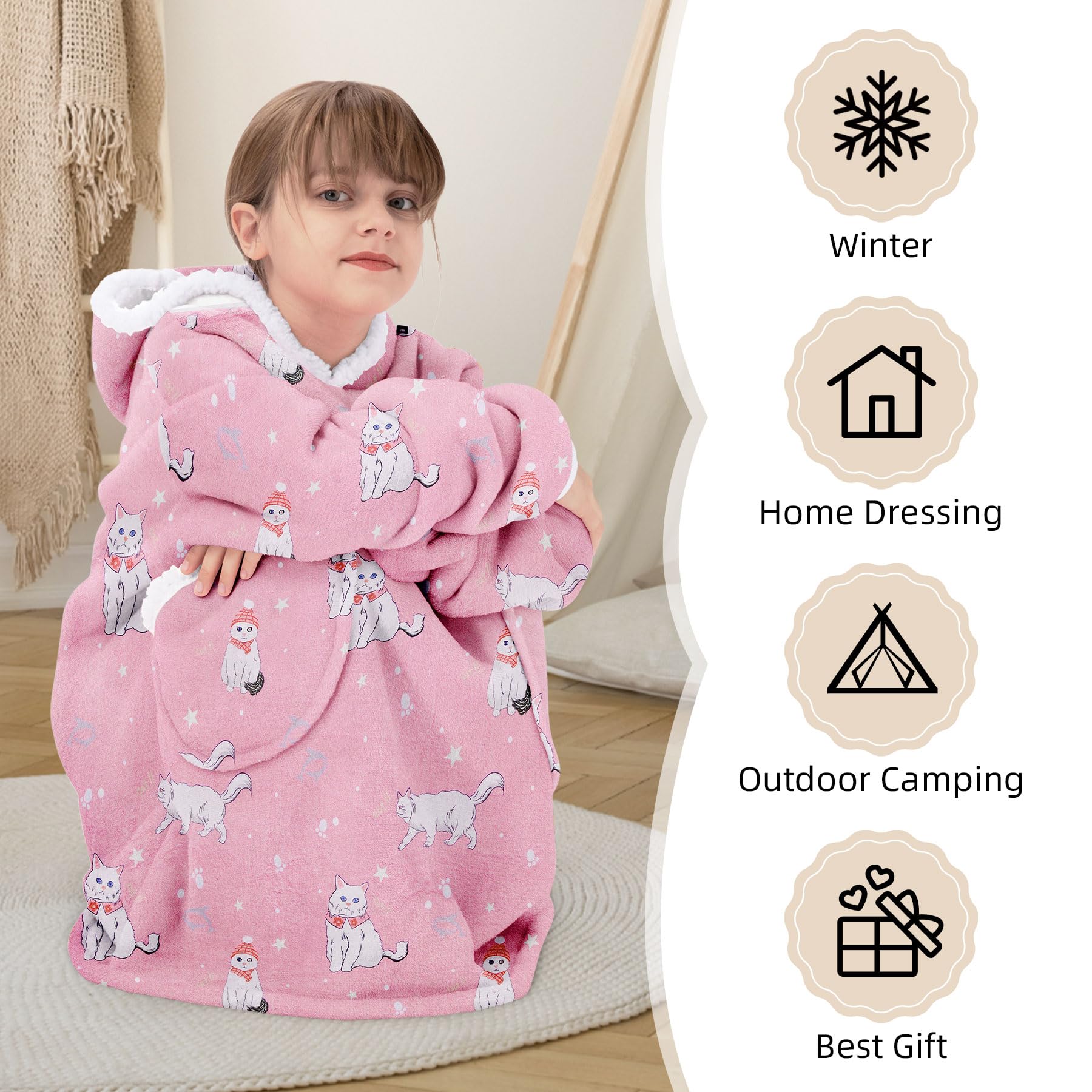 Zando Wearable Blanket Hoodie for Kids & Adults - Oversized Sherpa Fleece Sweatshirt | Cozy Gift for Family Movie Nights & Winter Lounging