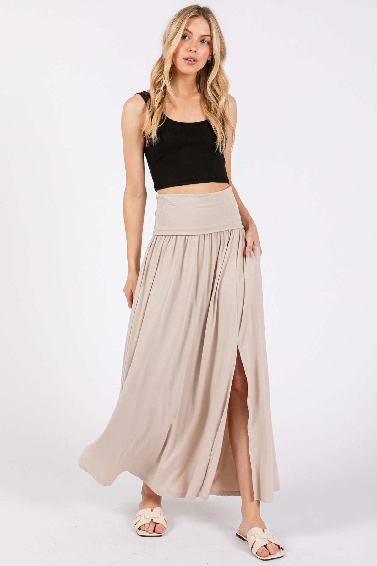 Beige Foldover Waist Maxi Skirt with Side Slit - Women's Boho Chic Long Skirt for Beach, Vacation & Summer Outfits