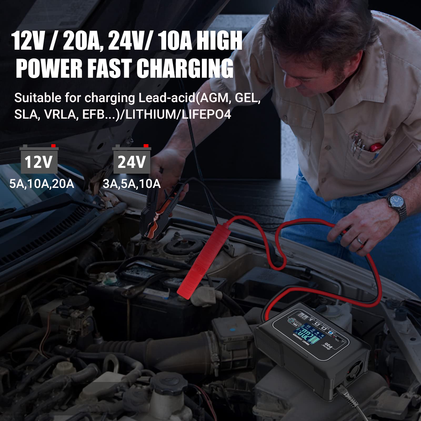 20-Amp Smart Battery Charger for Lithium, LiFePO4, Lead-Acid (AGM/Gel/SLA) - 12V/20A & 24V/10A Car Battery Charger, Trickle Charger & Maintainer - Perfect for Boats, Motorcycles, Lawn Mowers, Golf Carts & More - Ideal for Long-Term Storage, Winterizing Vehicles & Deep Cycle Battery Maintenance